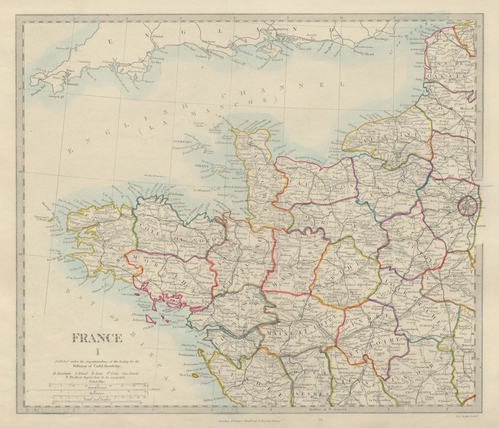FRANCE NORTH WEST. Bretagne Normandie Loire Centre.Hand coloured.SDUK 1874 map